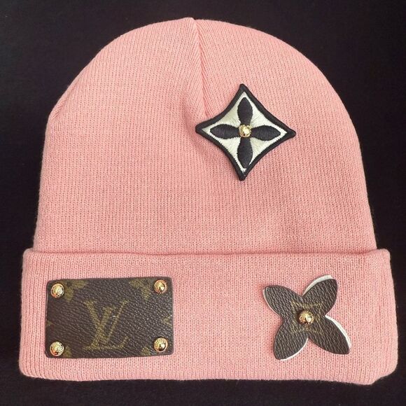 Brand new upcycled Louis Vuitton Pink Beanie with Logo Details